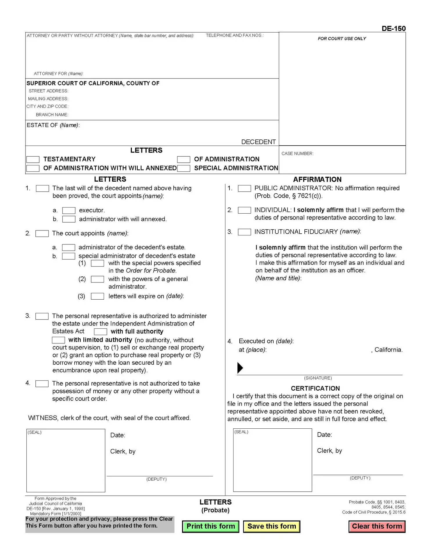 letters testamentary form