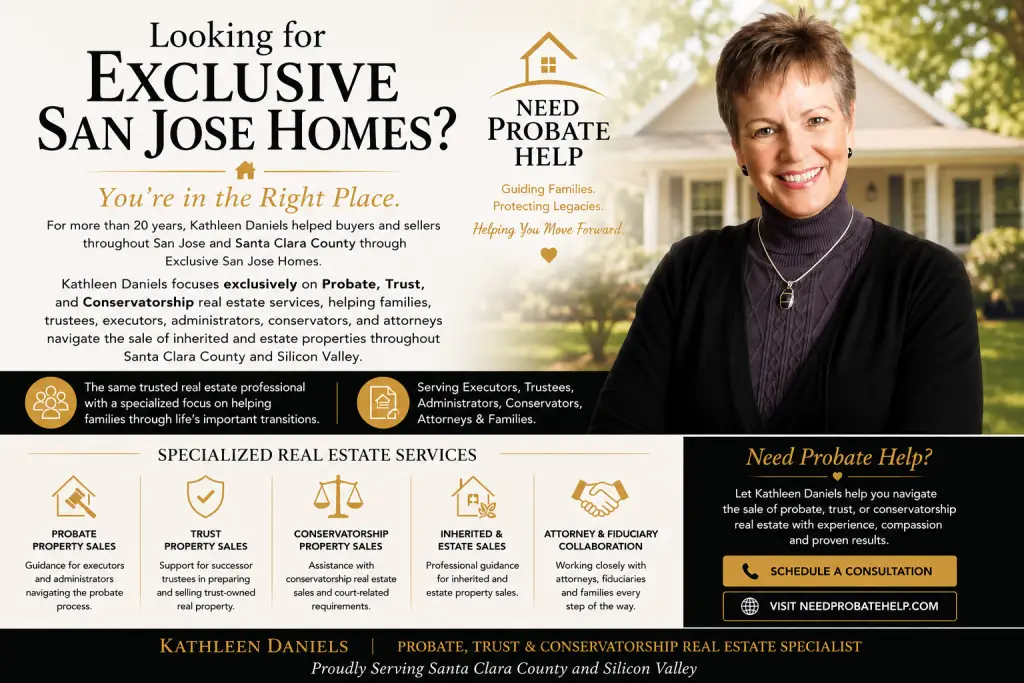 Exclusive San Jose Homes, Kathleen Daniels specializing in probate real estate services Exclusive San Jose Homes, moved to Need Probate Help
